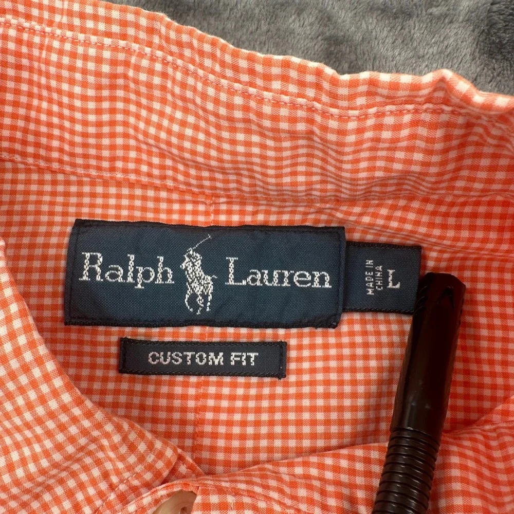 Polo Ralph Lauren Mens Orange Gingham Custom Fit Button Down Shirt‎ Large L 434